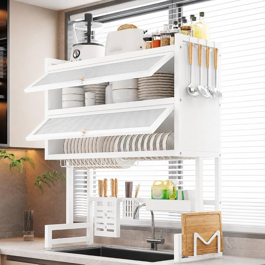 Double Layer Layer Over-Sink Dustproof Draining Rack in White